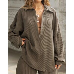 Joah Brown Deep V Pullover in Army Luxe Knit Ribbed Oversized Long Sleeve - S/M